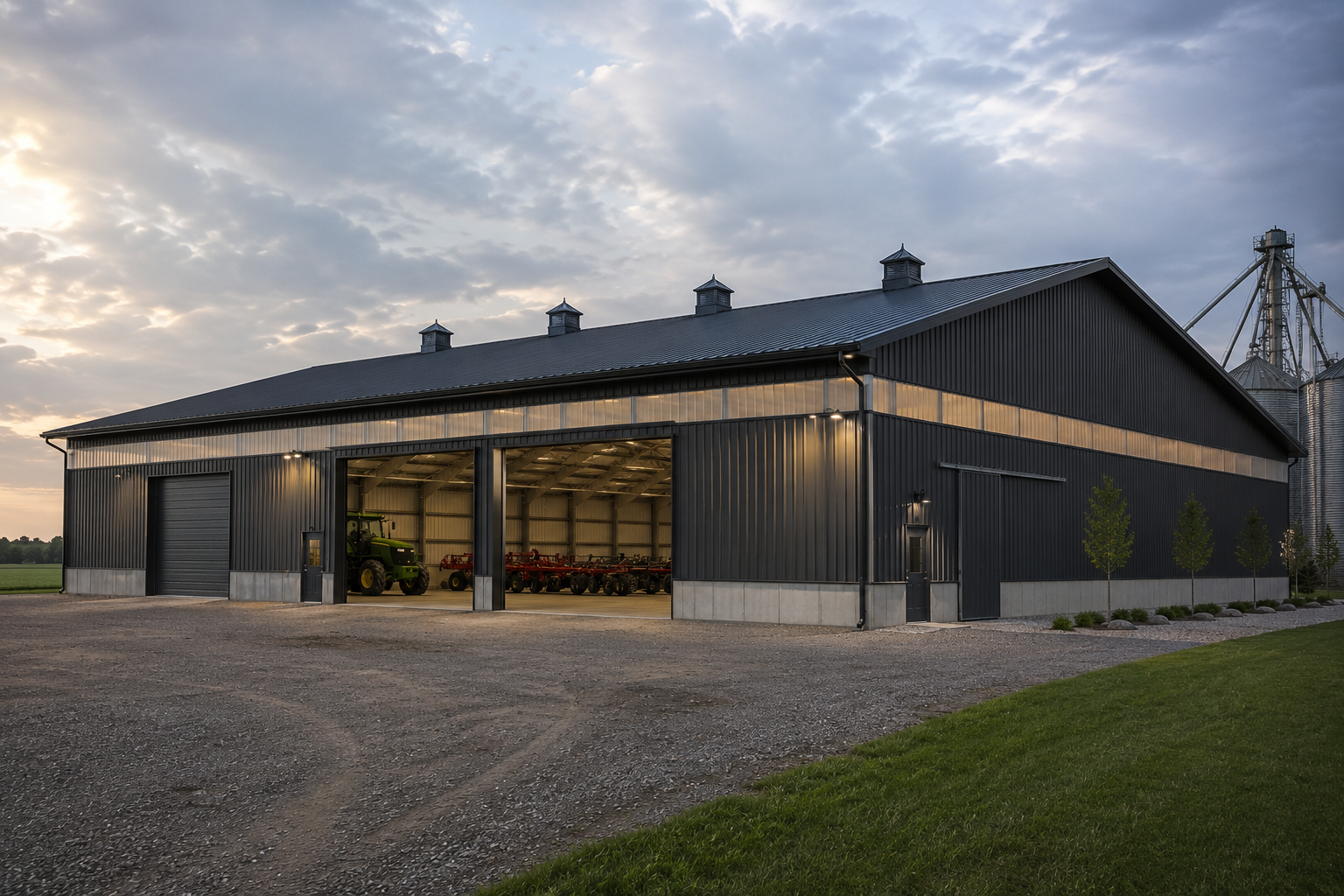 Steel building kit installation on a rural Ontario property