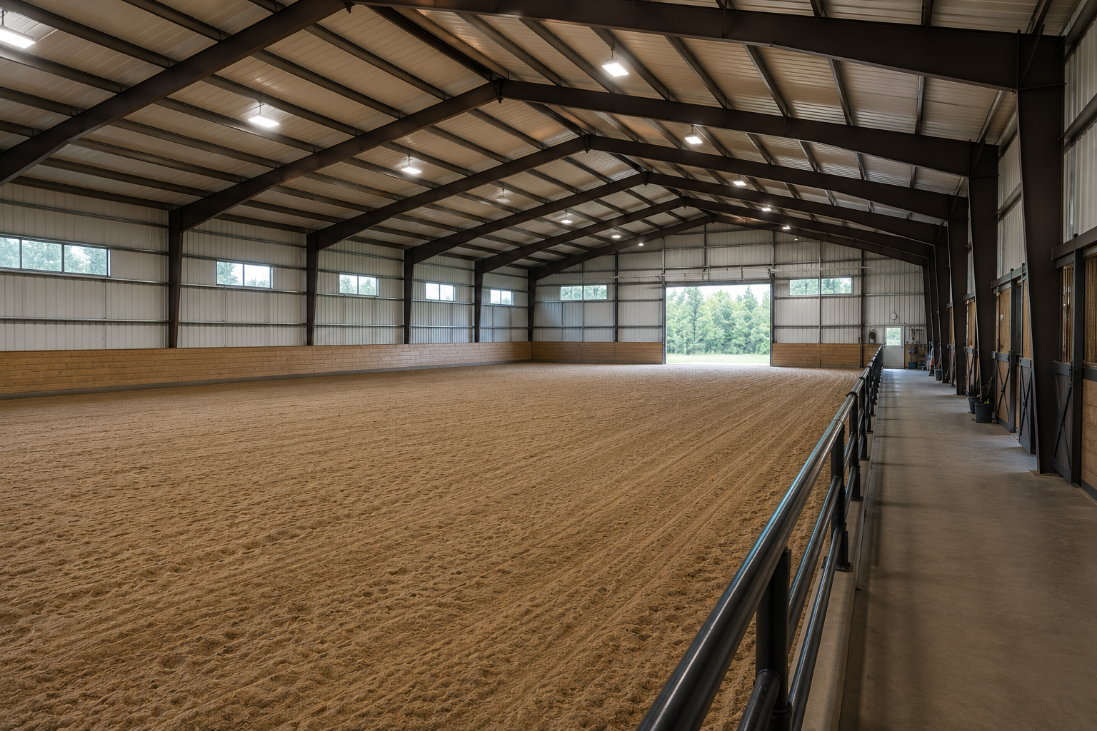 Indoor riding arena with sand floor and steel structure in Ontario